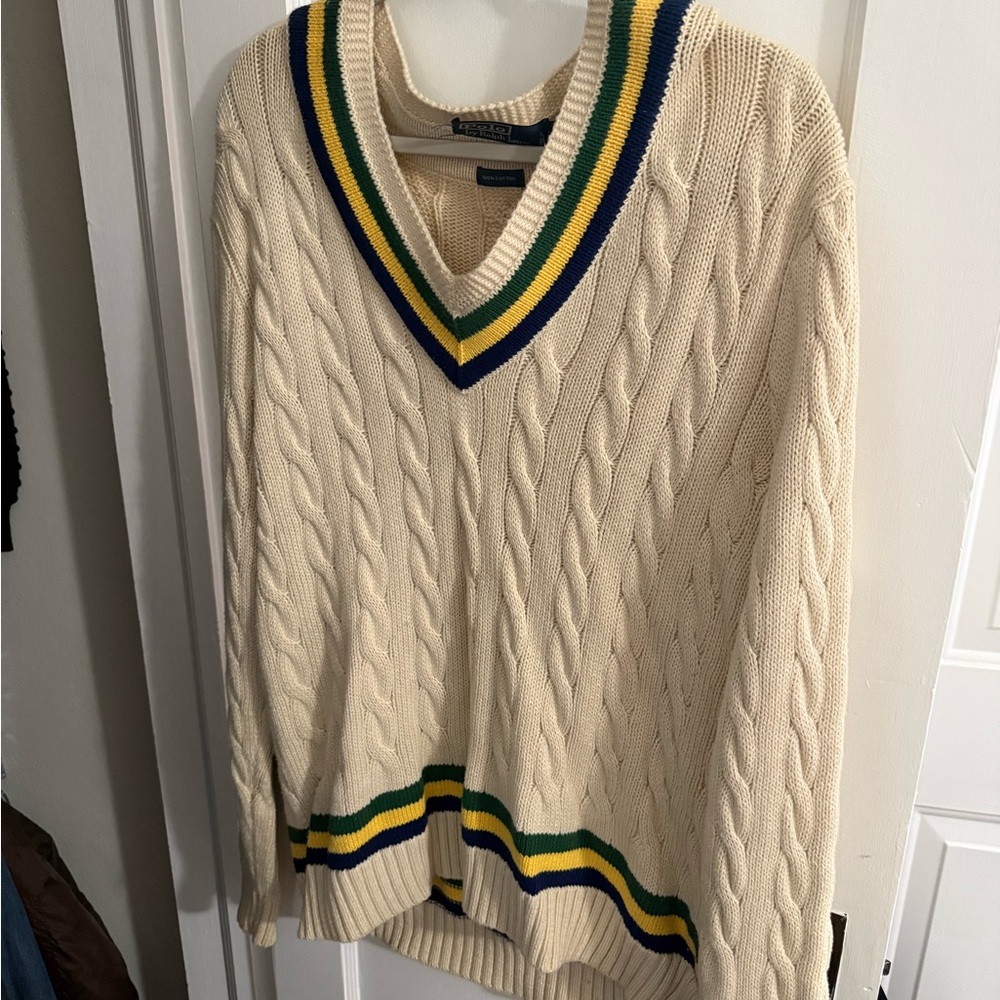 Polo Ralph Lauren Cream V-Neck Sweater with Stripes